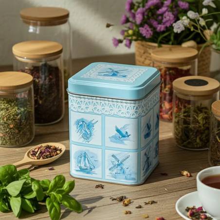Lata metálica decorativa para té en estantería